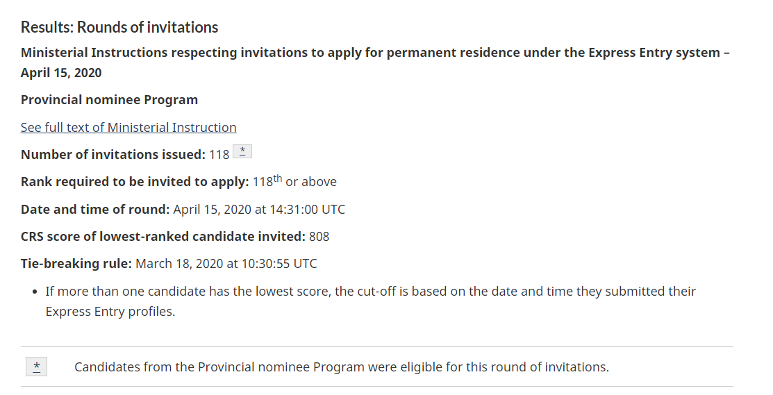 加拿大联邦技术移民EE快速通道2020年4月15日筛选分数