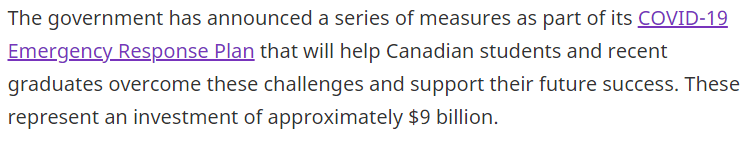 加拿大政府计划出资约90亿加元支持学生,可月领1250加元
