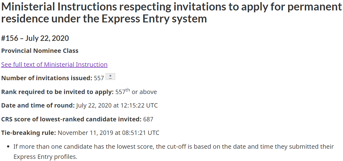 加拿大联邦技术移民EE快速通道2020年7月22日省提名类筛选分数