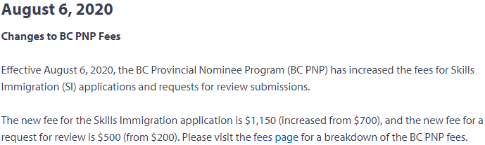 2020年8月6日起,BC省技术移民申请费上涨