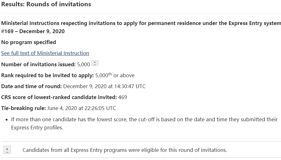 加拿大联邦技术移民EE快速通道2020年12月09日筛选分数