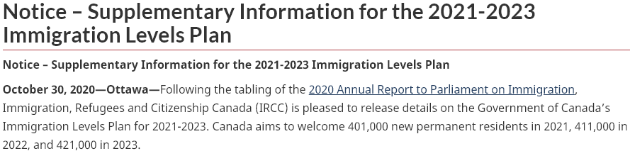 2021年至2023年加拿大移民配额123.3万